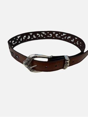 Brighton Women Brown Intricate Leather Cowboy Silver Buckle Belt S/28